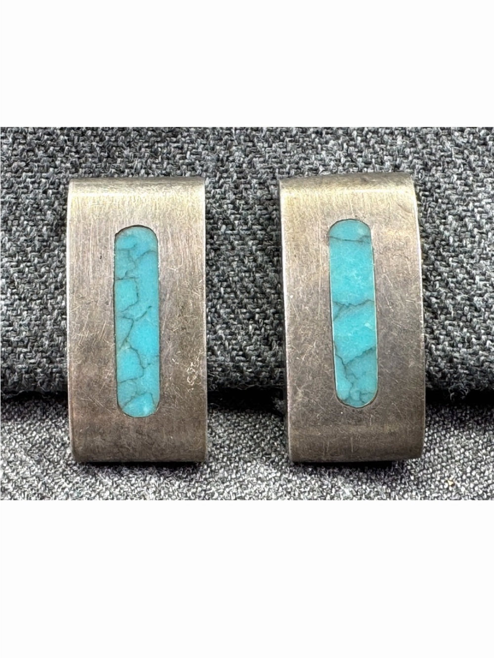 Vintage Taxco Mexico 925 Silver Turquoise Inlay Serafin Montezuma Earrings